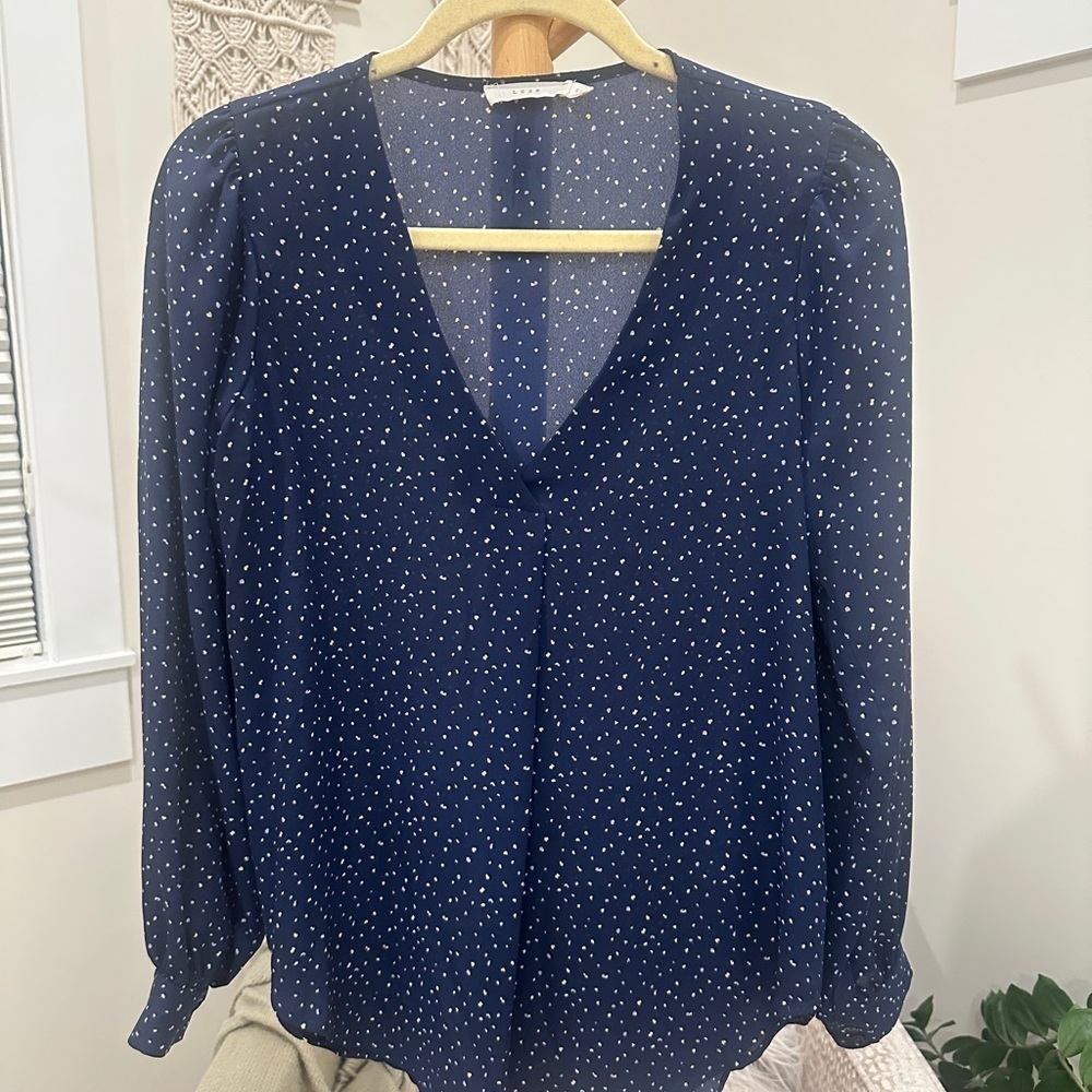 Lush Navy Dot Print V-Neck Long Sleeve Blouse Size S